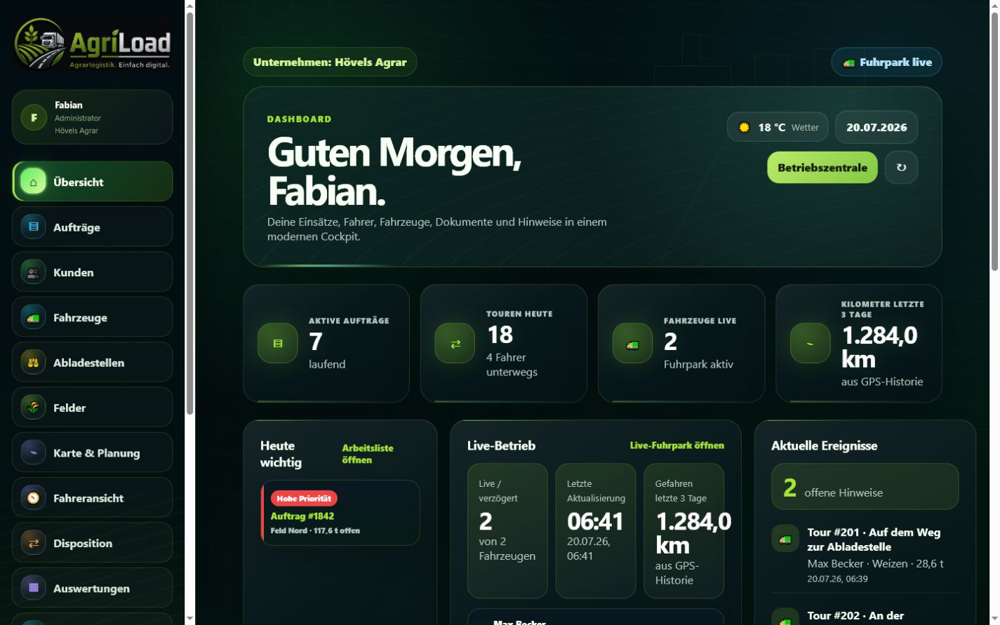 Originale AgriLoad Dashboardansicht mit Aufträgen, Fahrzeugen und Live-Betrieb anhand von Beispieldaten