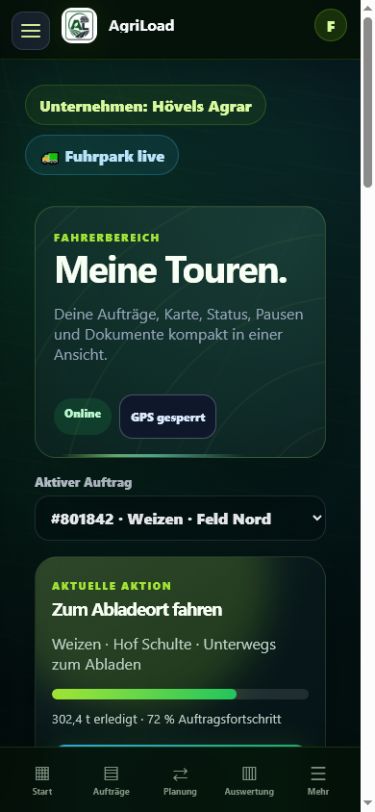 AgriLoad Fahreransicht mit aktuellem Auftrag, Status und Mengenfortschritt