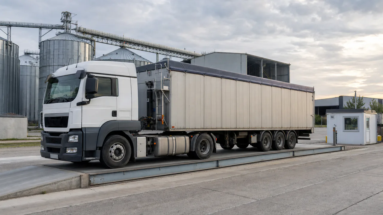 Agrarlogistik-Lkw korrekt auf einer Fahrzeugwaage an einer Annahmestelle